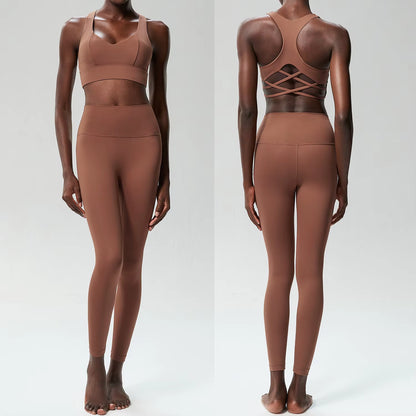 Women Two Piece Yoga Set Solid Color Naked Gym Suit Quick Dry Running Sportswear Sport Bra Female Workout Fitness Outfit Clothes