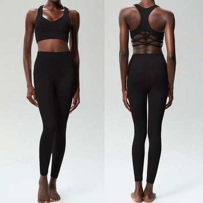 Women Two Piece Yoga Set Solid Color Naked Gym Suit Quick Dry Running Sportswear Sport Bra Female Workout Fitness Outfit Clothes