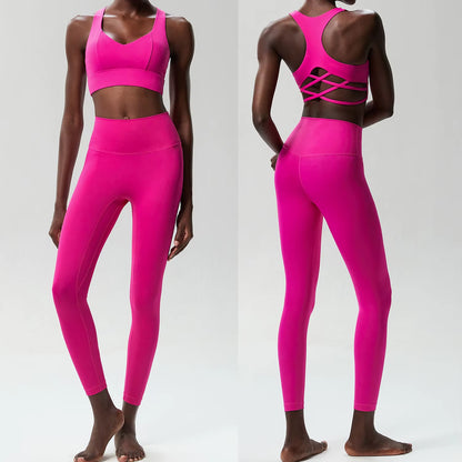 Women Two Piece Yoga Set Solid Color Naked Gym Suit Quick Dry Running Sportswear Sport Bra Female Workout Fitness Outfit Clothes